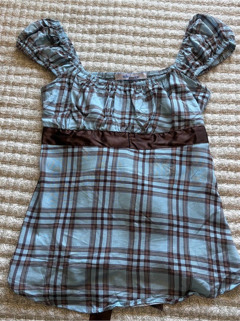 Velvet Light Blue and Brown Plaid Puff-Sleeve Top
